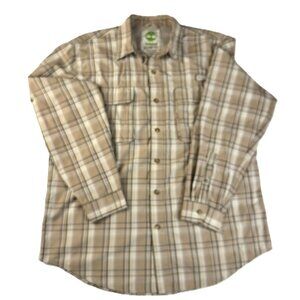 Timberland Turbo Dry Plaid Button Up Shirt Mens Large Tan Outdoor Hiking